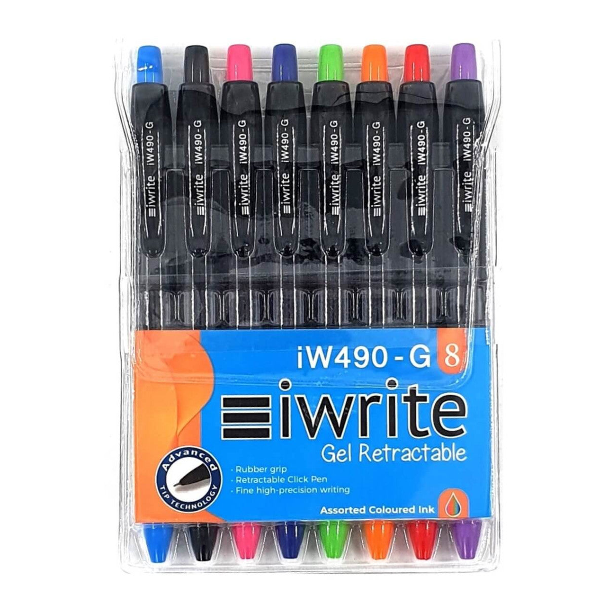 iWrite Gel Retractable Pens - Assorted Colours - Wallet of 8