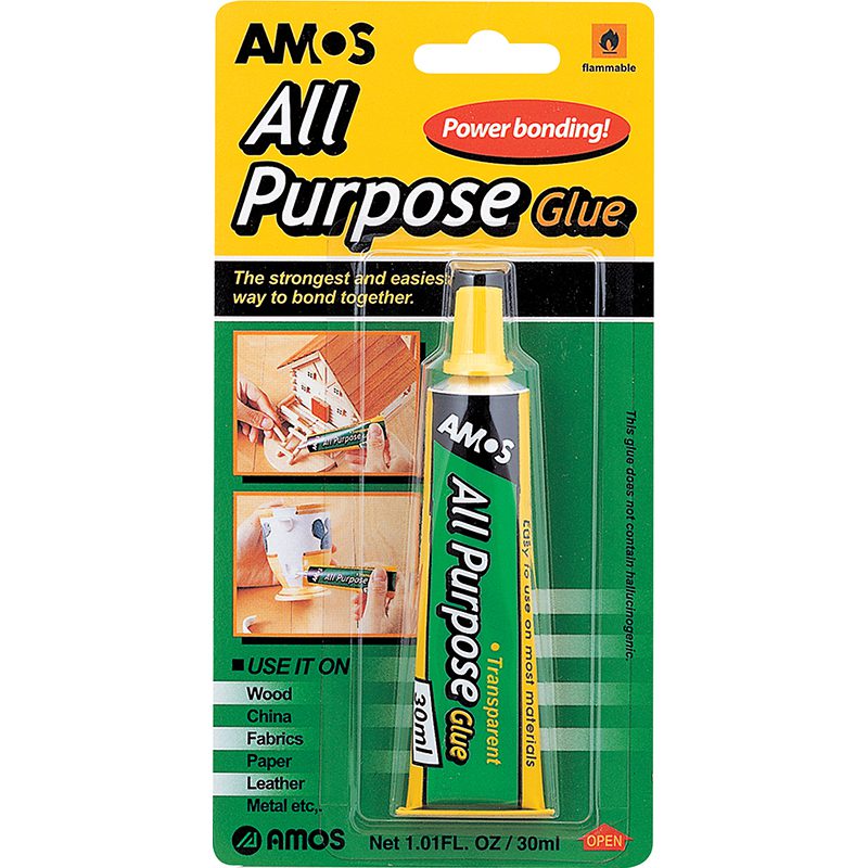 AMOS all-purpose glue 30ml tube in green and yellow blister packaging.
