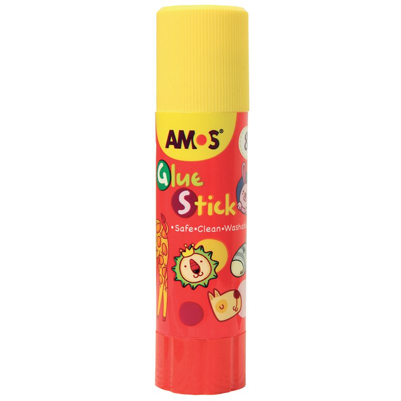 AMOS 8g glue stick with a yellow cap and red animal-design label.