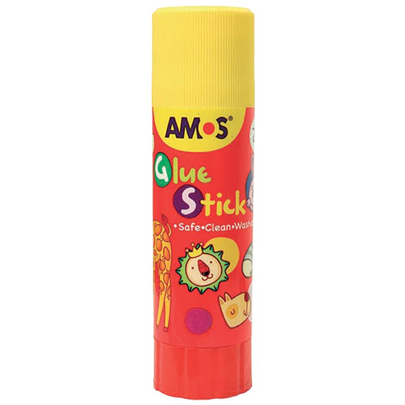 AMOS 22g glue stick with a yellow cap and red animal-design label.
