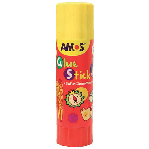 AMOS 22g glue stick with a yellow cap and red animal-design label.