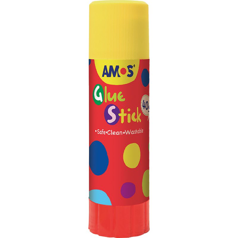 AMOS 40g glue stick with a yellow cap and red label with coloured dots.