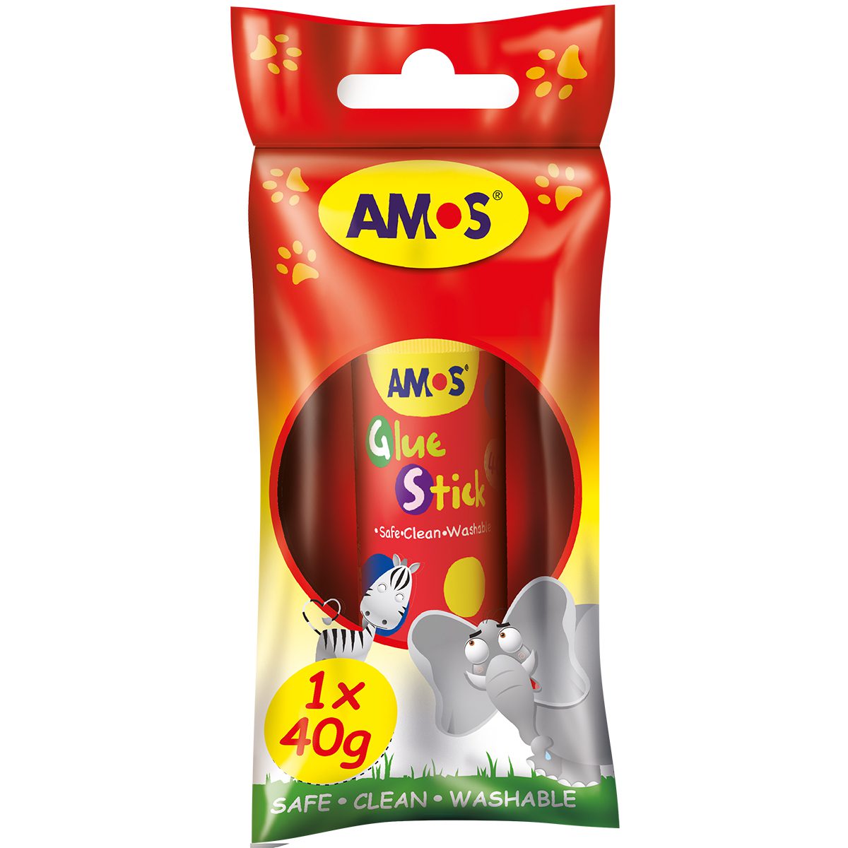 AMOS single 40g glue stick in red hanging packaging marked 1 x 40g.