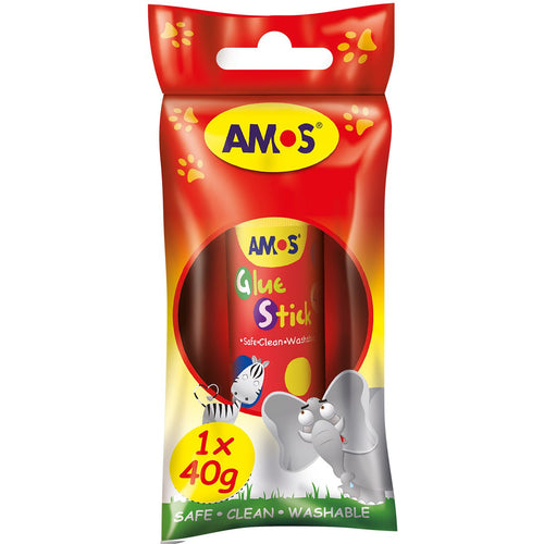 AMOS single 40g glue stick in red hanging packaging marked 1 x 40g.