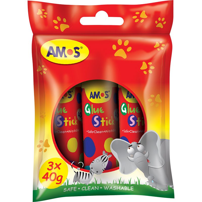 AMOS three 40g glue sticks in red hanging packaging marked 3 x 40g.