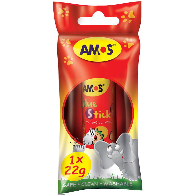 AMOS single 22g glue stick in red hanging packaging marked 1 x 22g.