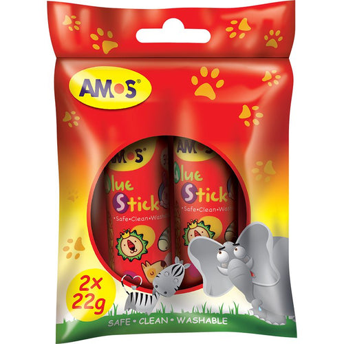 AMOS two 22g glue sticks in red hanging packaging marked 2 x 22g.