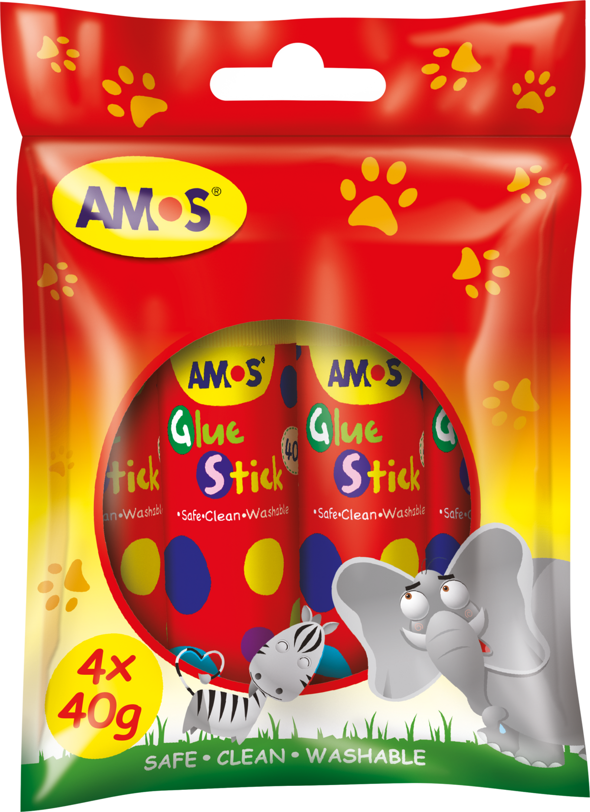 AMOS four 40g glue sticks in red hanging packaging marked 4 x 40g.