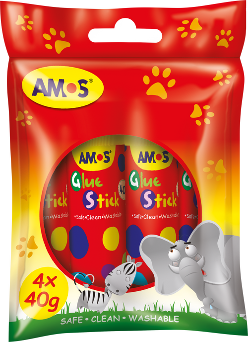 AMOS four 40g glue sticks in red hanging packaging marked 4 x 40g.