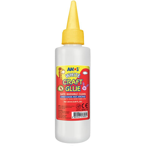 AMOS white craft glue 250ml bottle with a yellow nozzle and red label.