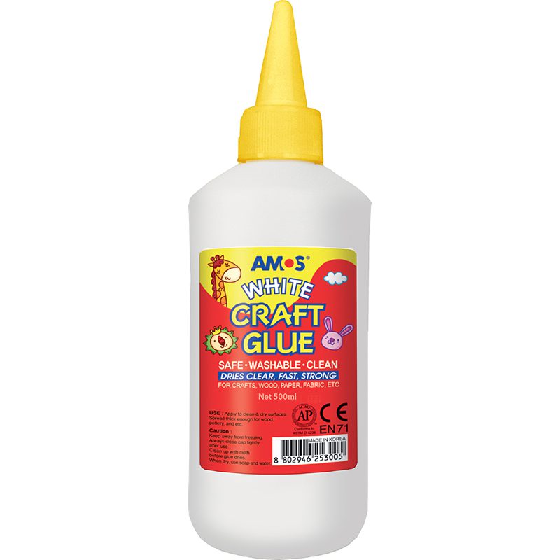 AMOS white craft glue 500ml bottle with a yellow nozzle and red label.