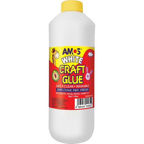 AMOS white craft glue 1 litre bottle with a yellow screw cap and red label.