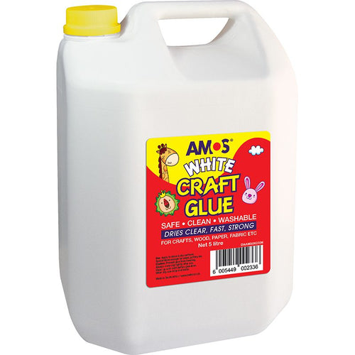 AMOS white craft glue 5 litre container with a carry handle and yellow cap.