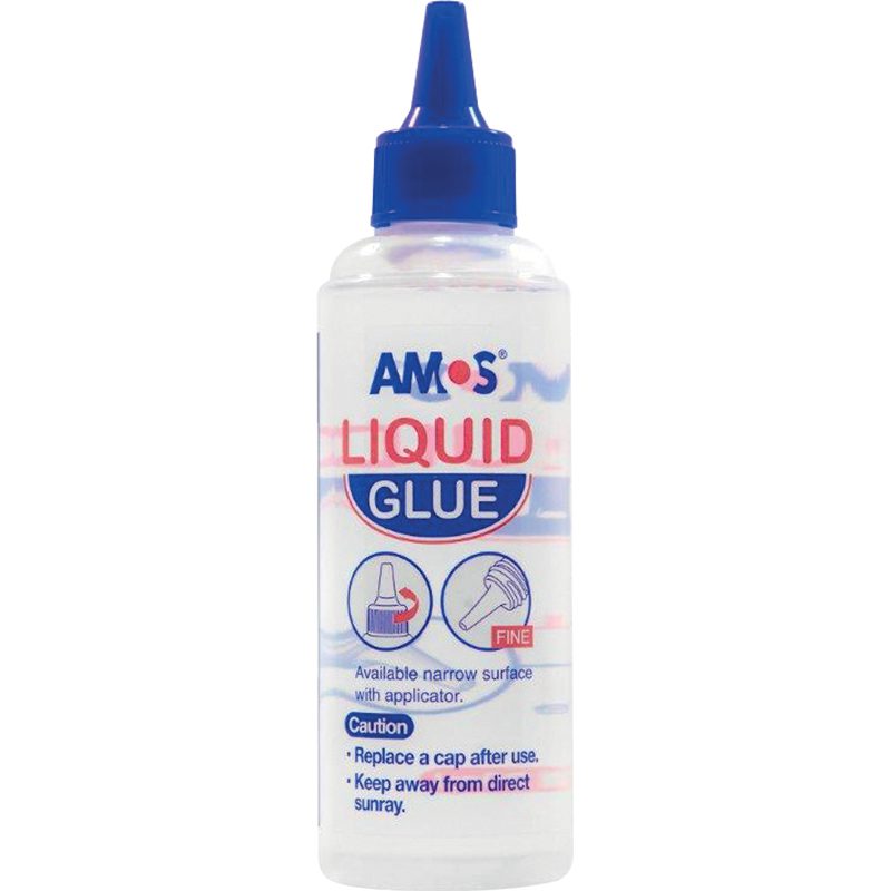 AMOS liquid glue 120ml clear bottle with a blue nozzle.