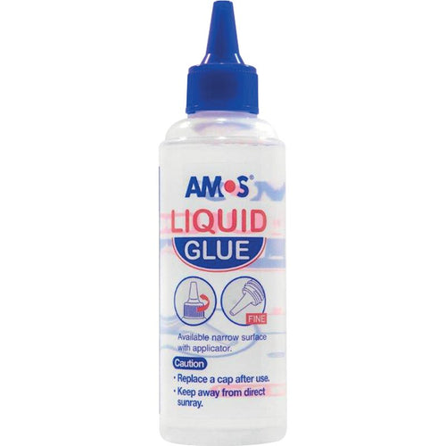AMOS liquid glue 120ml clear bottle with a blue nozzle.