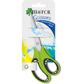 Trefoil 168mm premium scissors with green and black handles in retail packaging.