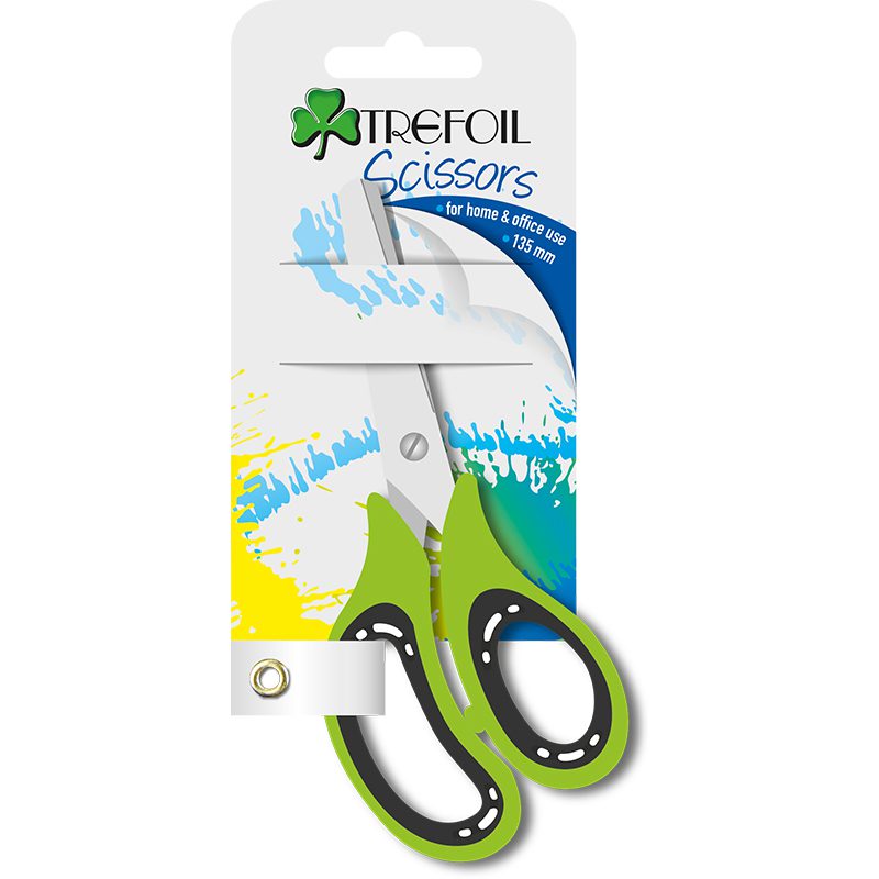 Trefoil 135mm premium scissors with green and black handles in retail packaging.