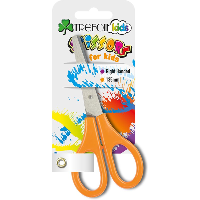 Trefoil Kids 135mm right-handed school scissors with orange handles in retail packaging.