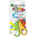 Trefoil Kids 135mm left-handed school scissors with green and yellow handles in retail packaging.
