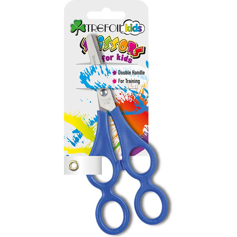 Trefoil Kids training scissors with blue double handles in retail packaging.