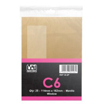 LEO C6 Manilla Window Self Seal Envelopes, 114 x 162mm, Pack 25