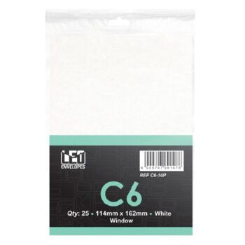 LEO C6 White Window Self Seal Envelopes, 114 x 162mm, Pack 25