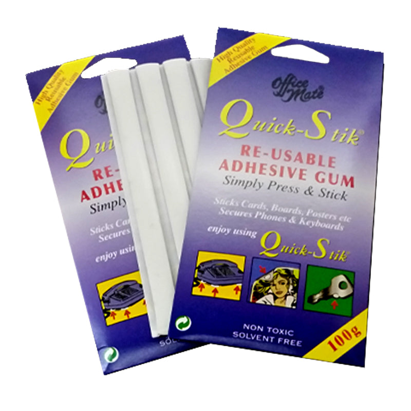 Office Mate Quick-Stik 100g reusable adhesive, showing purple packaging and white adhesive strips.
